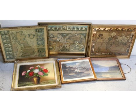 A TALBOT; a decorative scenic oil, Unattributed; a decorative scenic print, three Blaeu engraved maps, two prints of Continen