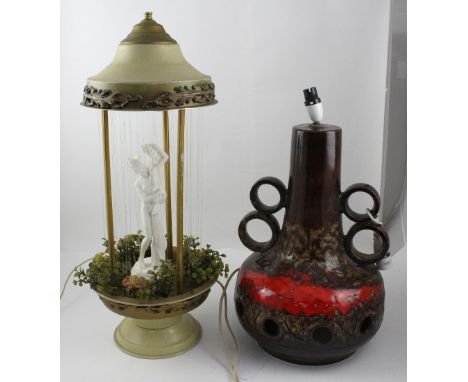A large retro West German table lamp with brown and red mottled glaze, height 50cm and a vintage goddess rain oil lamp (2).