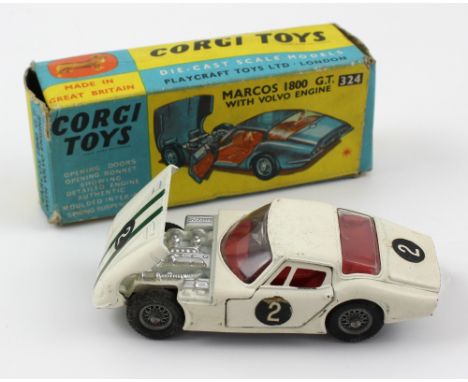 A Corgi Toys 'Marcos 1800 GT with Volvo Engine' in white with British Racing Green go-faster stripes to the bonnet, which ope