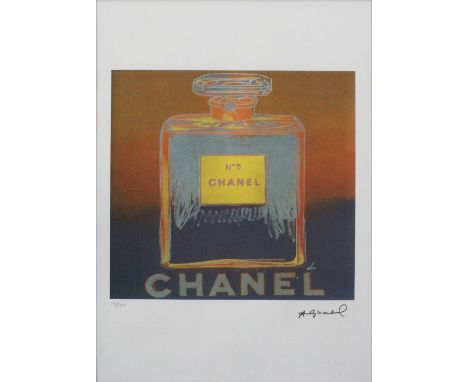 After Andy Warhol; a limited edition screenprint numbered 13/100 of Chanel No 5 bottle in orange and blue, signed within the 