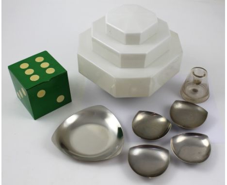 A mixed lot to include glass lamp shade, Danish steel dishes, dice box, engine-turned enamel dressing table furniture etc.