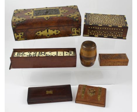 A small collection of boxes to include a brass-mounted walnut glove box with relief fête galante plaque, a mahogany-cased par