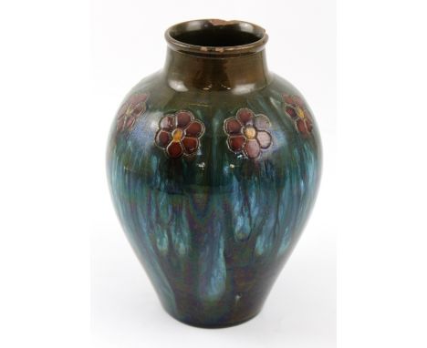 A 19th century Linthorpe Henry Tooth art pottery baluster vase, green blue and black multi-colour glaze with structured flora