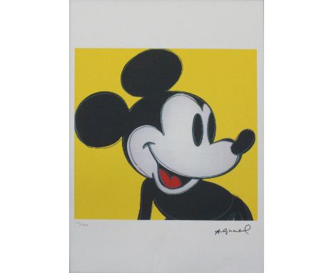 After Andy Warhol; a limited edition screenprint numbered 23/100 of Mickey Mouse edged in pink to a yellow ground, signed wit