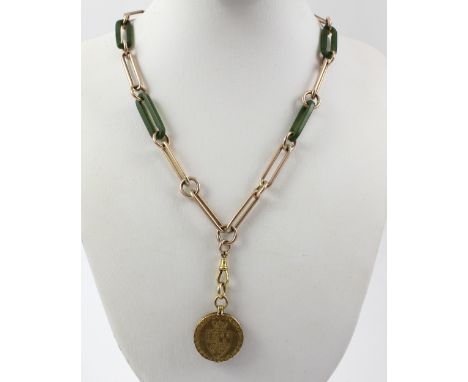 A 15ct gold and nephrite link fob chain with a fob with bloodstone to one side and a George III spade guinea dated 1787 and o