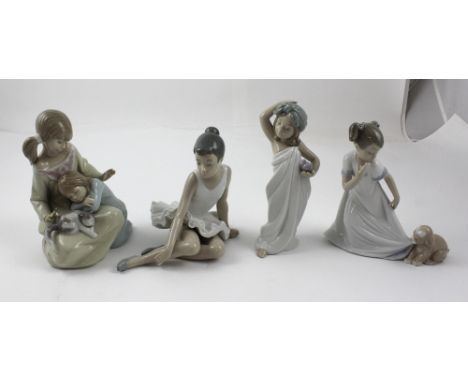 A small group of Lladró and Lladró Nao figures to include sisters and house cat, seated ballerina, girl with nightdress and p
