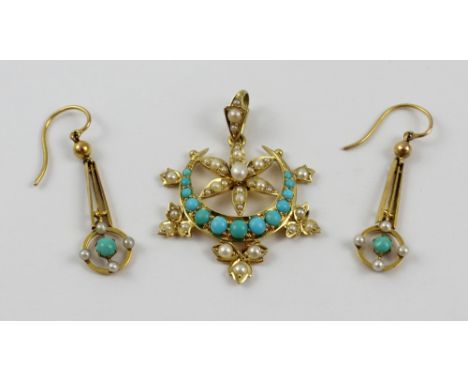 A 15ct gold turquoise and seed pearl suite of jewellery comprising a pair of drop pendant earrings and a matching crescent-sh