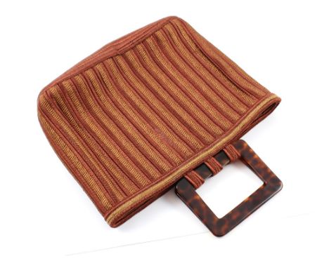 An Yves St Laurent gold and copper thread passementerie vintage handbag with faux tortoiseshell rectangular handles, interior