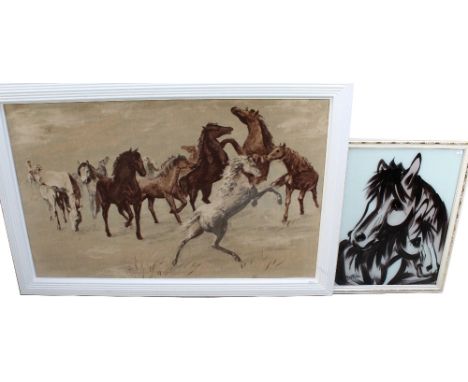 A large print on fabric of wild horses, 75.5 x 122cm, framed, and indistinctly signed, an abstract image of a horse, 60 x 45c