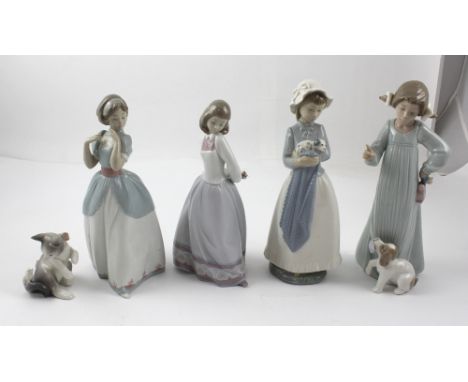 A small group of Lladró and Lladró Nao figures to include a Lladró figure of a young girl with puppy, a lady with bouquet of 