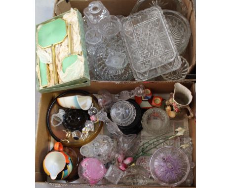 A good collection of moulded and cut glass items to include flower vases, decanter, dressing table set, glass candlesticks, g