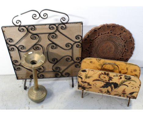 A vintage floral magazine rack, a glass smokers' stand, a wrought iron fire screen, an Indian table top and a small brass fir