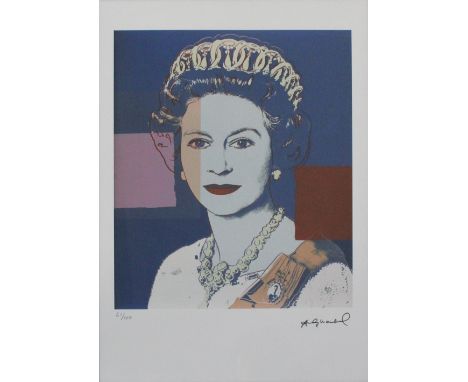 After Andy Warhol; a limited edition screenprint numbered 61/100 of young Queen Elizabeth II in blues, pink and brown, signed