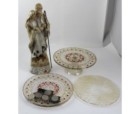 A large ceramic model of Jesus, Mary and Joseph, height 45.5cm and a moulded glass cake stand with heart decoration and two f