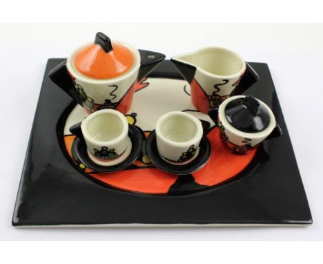 Lorna Bailey; a miniature Art Deco tea service comprising teapot, height 6cm, milk jug, sucrier, two cups and saucers and a t