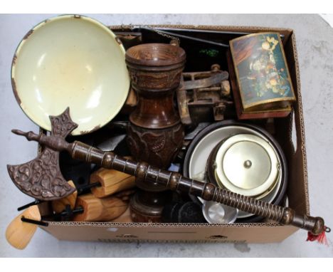 A collectors' lot to include a treen fruit bowl, biscuit bowl with white metal rim and cover, a pair of vintage wooden shoe t