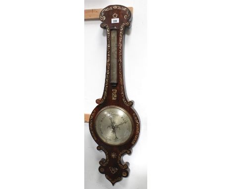 A late Victorian mother of pearl inlaid rosewood banjo mercury barometer-thermometer, height 96cm.