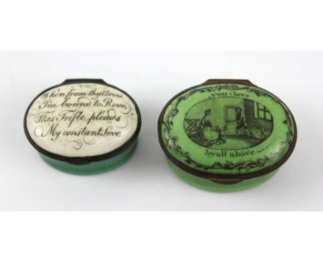 Two late 18th/early 19th century Bilston enamel patch boxes, one with vignette of a lady and gentleman with the legend above 