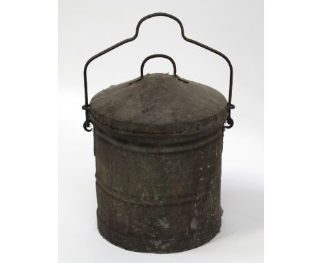 A vintage galvanized ash bin with swing-handle guided lid, approx height 58cm.