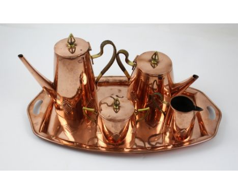 A c1915 WMF Secessionist period five-piece copper coffee and tea service comprising coffee pot, hot water pot, milk jug, sucr