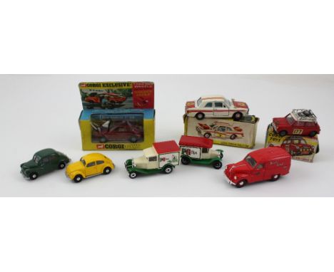 A small group of Corgi, Matchbox and Dinky toys to include '339 Mini', '341 Mini Marcos', a Dinky Toys '205 Lotus Cortina Ral