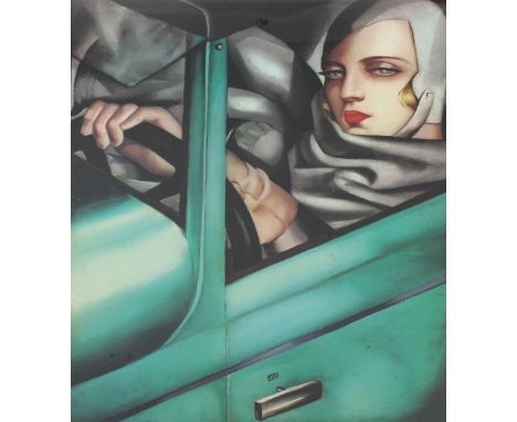 After Tamara de Lempicka; gloss print, self portrait 'Tamara in a green Bugatti', with Frederick B Daniel &amp; Son dealer in