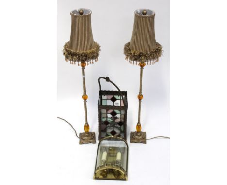 A 19th century leaded coloured glass pendant lantern, two mid-20th century gilt metal and orange glass table lamps, height 90