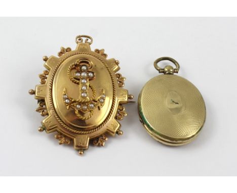 A Victorian Naval sweetheart brooch with seed pearl anchor and wirework rope, the back opening to reveal vacant hair compartm
