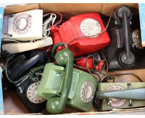 Six vintage telephones to include avocado green examples GPO FDI 746F, two black examples 746FSPK 70-1, a red example PO1297 