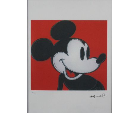 After Andy Warhol; a limited edition screenprint numbered 18/100 of Mickey Mouse to a red ground, signed within the print and