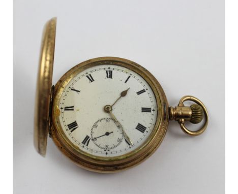 A 9ct gold full hunter crown-wind pocket watch, the white enamel dial set with Roman numerals and subsidiary seconds dial, ma