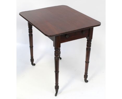 A Victorian mahogany single-drawer side table, plank top with double reeded edge supported on turned legs to brass castors, h