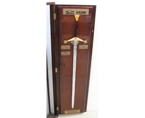 A Wilkinson Sword wooden-handled broadsword entitled 'Sword of Honour Sails Masters Guild for the Company BFP Goldrei', prese