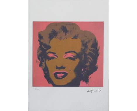 After Andy Warhol; a limited edition screenprint numbered 39/100 of Marilyn Monroe in dusky pink and gold, signed within the 