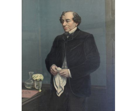 After George Hamilton Barrable; giclée print, portrait of Benjamin Disraeli with handkerchief, 85 x 65cm, framed and glazed.