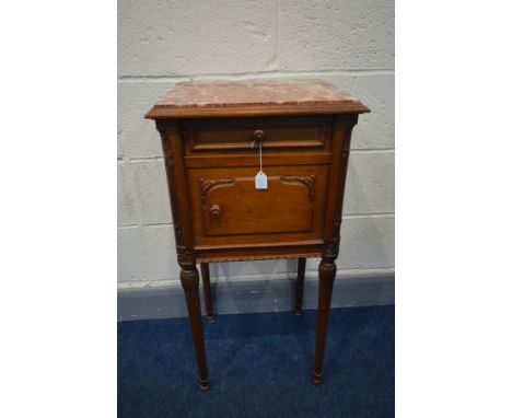 A WALNUT FRENCH STYLE POT CUPBOARD, marble top, single drawer and cupboard, enclosing a ceramic interior,on cylindrical  tape