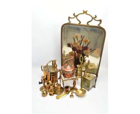 A BOX AND LOOSE OF ASSORTED BRASS AND COPPER, including an early 20th century brass framed painted mirror firescreen, two bra