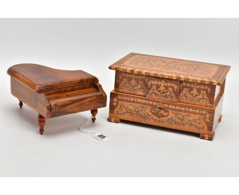 A SORRENTO INLAID MUSICAL JEWELLERY BOX, having inlaid detail, standing on four similar feet, circular mirror to inside of th