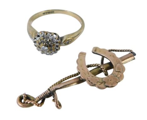 A 9ct gold horse riding bar brooch, lacking back, and a 9ct gold and CZ set cluster ring, ring size M, 3.4g all in. (2)
