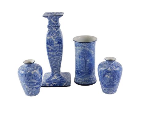 A collection of Fenton blue and white Old Foley ware items, to include pair of vases, a cylindrical vase, and a candlestick. 