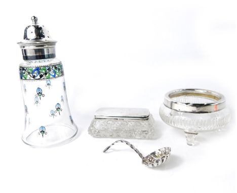 A silver topper rectangular dressing table jar, with pressed glass base, a silver plated topped and painted glass sugar sifte