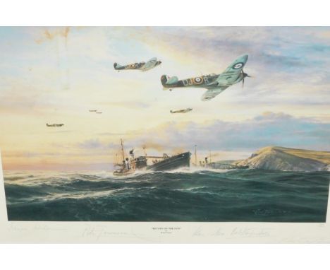 Robert Taylor.  Return of the few, coloured print signed by the artist and four World War II fighter aces to include Johnny J