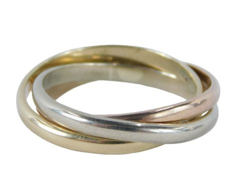 A 9ct gold tricolour infinity ring, of crossover design, ring size K½, 3.7g all in. 