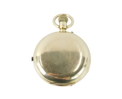 An 18ct gold full Hunter pocket watch, in a plain case with white enamel Roman numeric dial, and seconds dial, bezel wind, 10