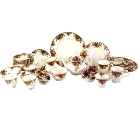 A Royal Albert Old Country Roses pattern part tea service, cake stand, dinner plates, etc. 