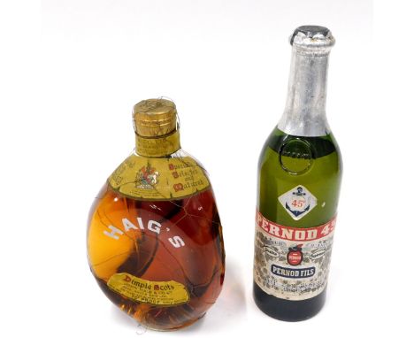 A small bottle of John Hague Dimple Scotch whisky, sealed and with original wire, 20cm high, and a small bottle of Pernod.