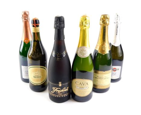 Six bottles of Prosecco and sparkling wine, comprising a Giordano Prosecco, Freixenet Cava, a Cava Brut, Martini sparkling Pr