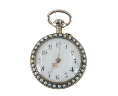 A silver gilt fob watch, with a white enamel numeric dial with gold markers, with seed pearl border, with a blue enamel star 