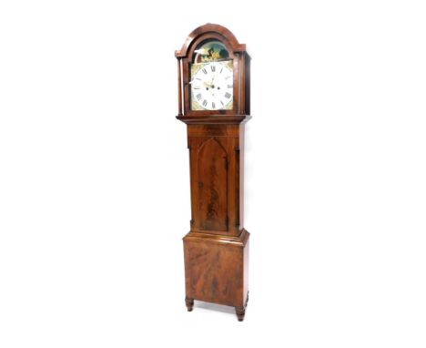 A 19thC mahogany cased longcase clock, with a painted dial and eight day movement striking a bell, and single trunk door, on 