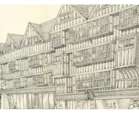 P.R. Walker (19thC/20thC). Old Houses Holborn, ink drawing, signed, titled and dated 1910, 32cm x 33.5cm.